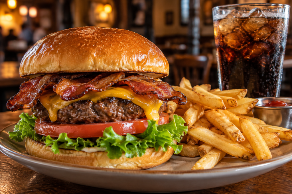 Hamburger gourmet con bacon e patatine