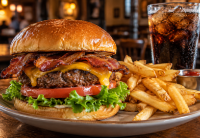 Hamburger gourmet con bacon e patatine