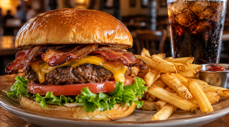 Hamburger gourmet con bacon e patatine